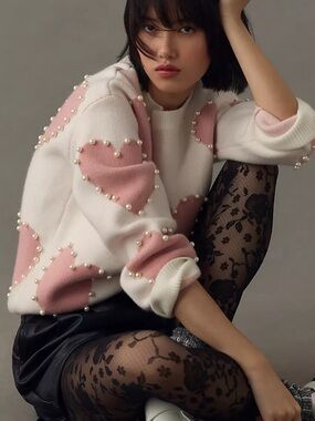 Anthropologie English Factory Pearl Heart Sweater EUC